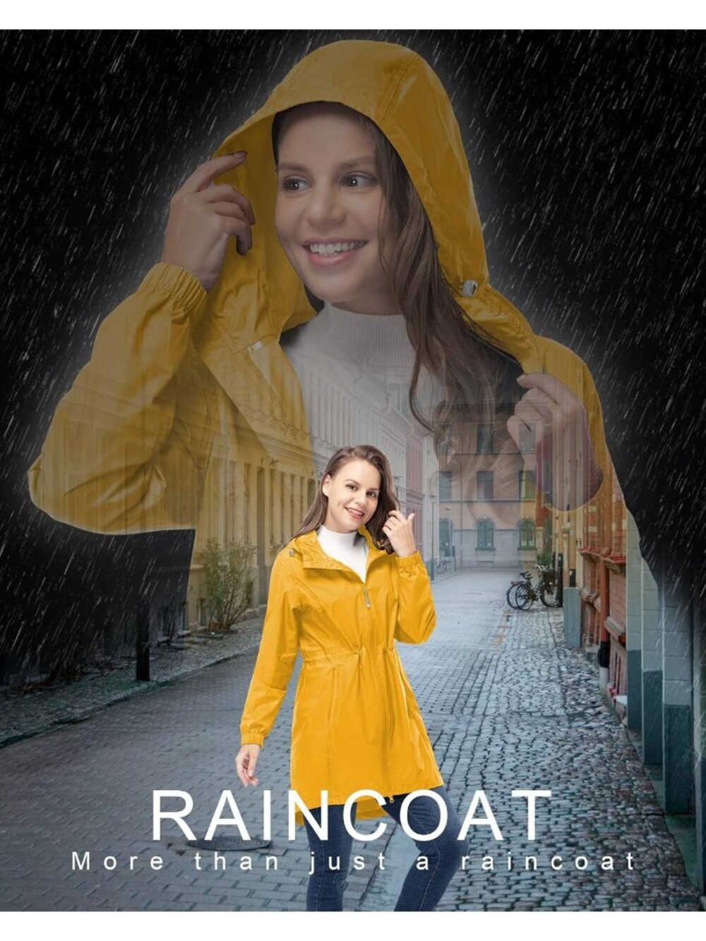 Women's Waterproof Long Packable Rain Jacket Amber Gold with Hood Trench Coats - Picture 6 of 6